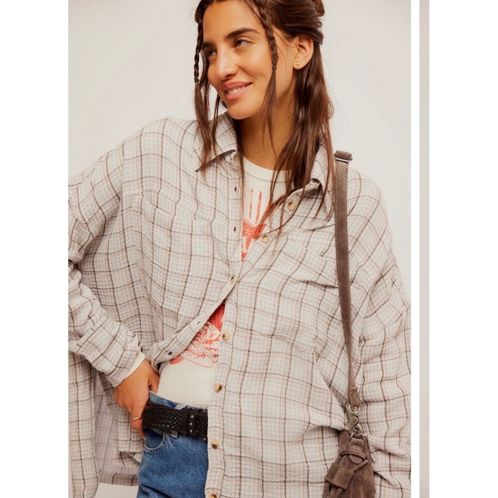 Free People Cardiff Plaid Buttondown Shirt Misty Lilac Combo Beige Size Med - Picture 3 of 6